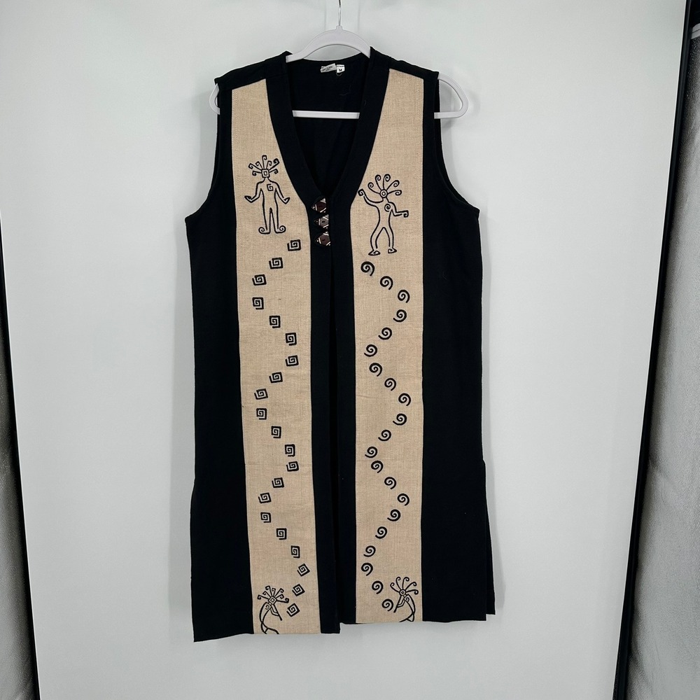 Womens Boho Artisan Duster Vest Size M Earthy Fold Gloval Whimsical Statement